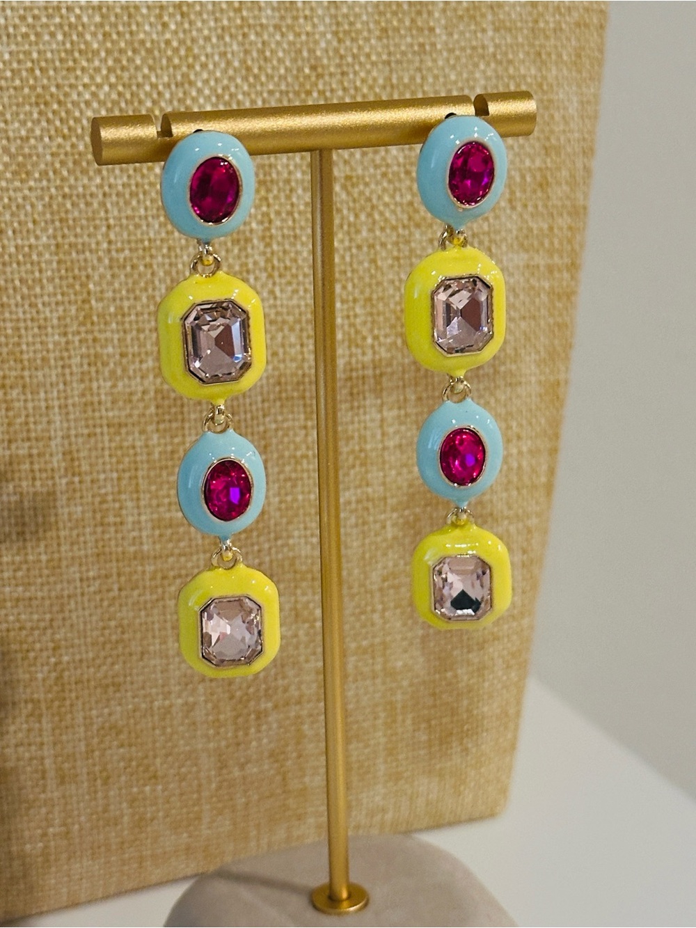 Fashion Jewelry Yellow, Light Blue & Hot Pink Drop Gemstone Earrings